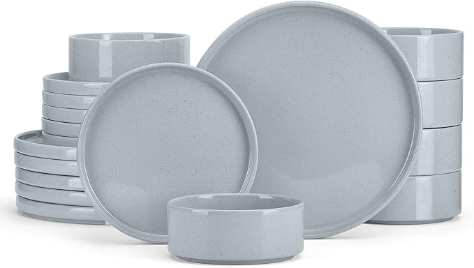 E-far Dinnerware Sets for 6, 18-Piece Stoneware Plates and Bowls Dish Set, Modern Kitchen Dinning Dishware, Chip and Scratch Resistant, Microwave & Dishwasher Safe, Speckled Gray