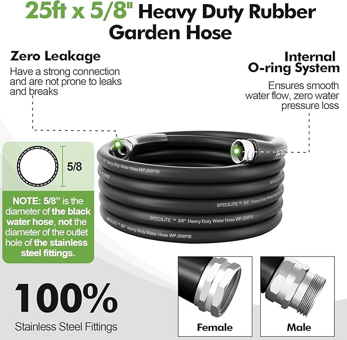 SPECILITE 5/8" Garden Hose 25 ft with High Flow Nozzle, Heavy Duty Flexible Hybrid Rubber Water Hose for Outdoor, Lightweight, Leak-Proof, No-Kink, 3/4"Stainless Steel Fittings,Black