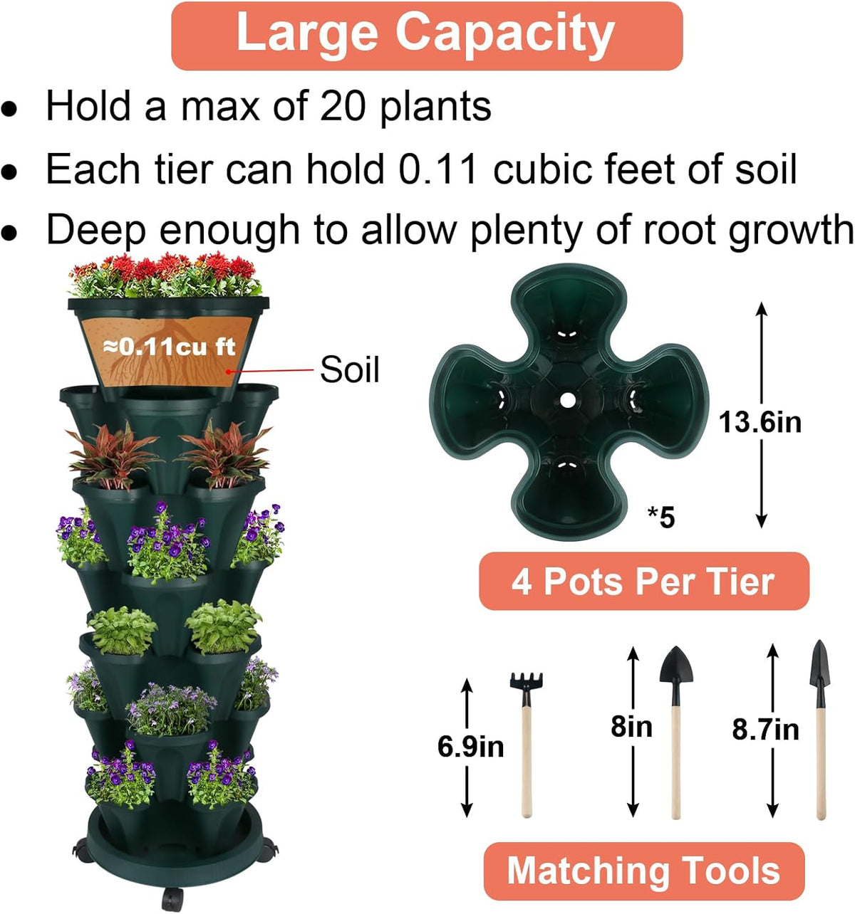 Vertical Planter 7 Tier Stackable Planters Garden Planters Strawberry Herb Flower and Vegetable Planter Indoor Outdoor Gardening Pots with Removable Wheels and Tools 2-Pack