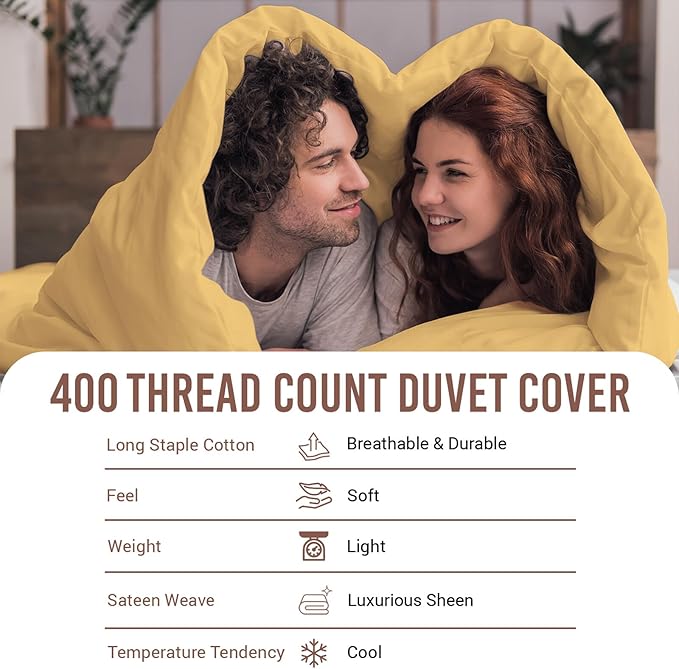 Pizuna Pure 100% Cotton Queen Duvet Cover Set, Luxurious 400 Thread Count Long Staple Cotton Sateen Weave with Button Closure (Combed Golden Yellow Cotton Duvet Cover Queen)