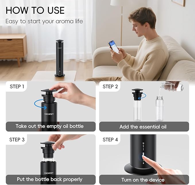 Waterless Scent Diffuser,Hotel Scent Diffuser-Smart APP Control-Cover Up to 1000 Sq.Ft.-Cold Air Tech,Scent Diffusers for Home,Aromatherapy,Large Room,Spa,Commercial-Black Essential Oil Diffuser