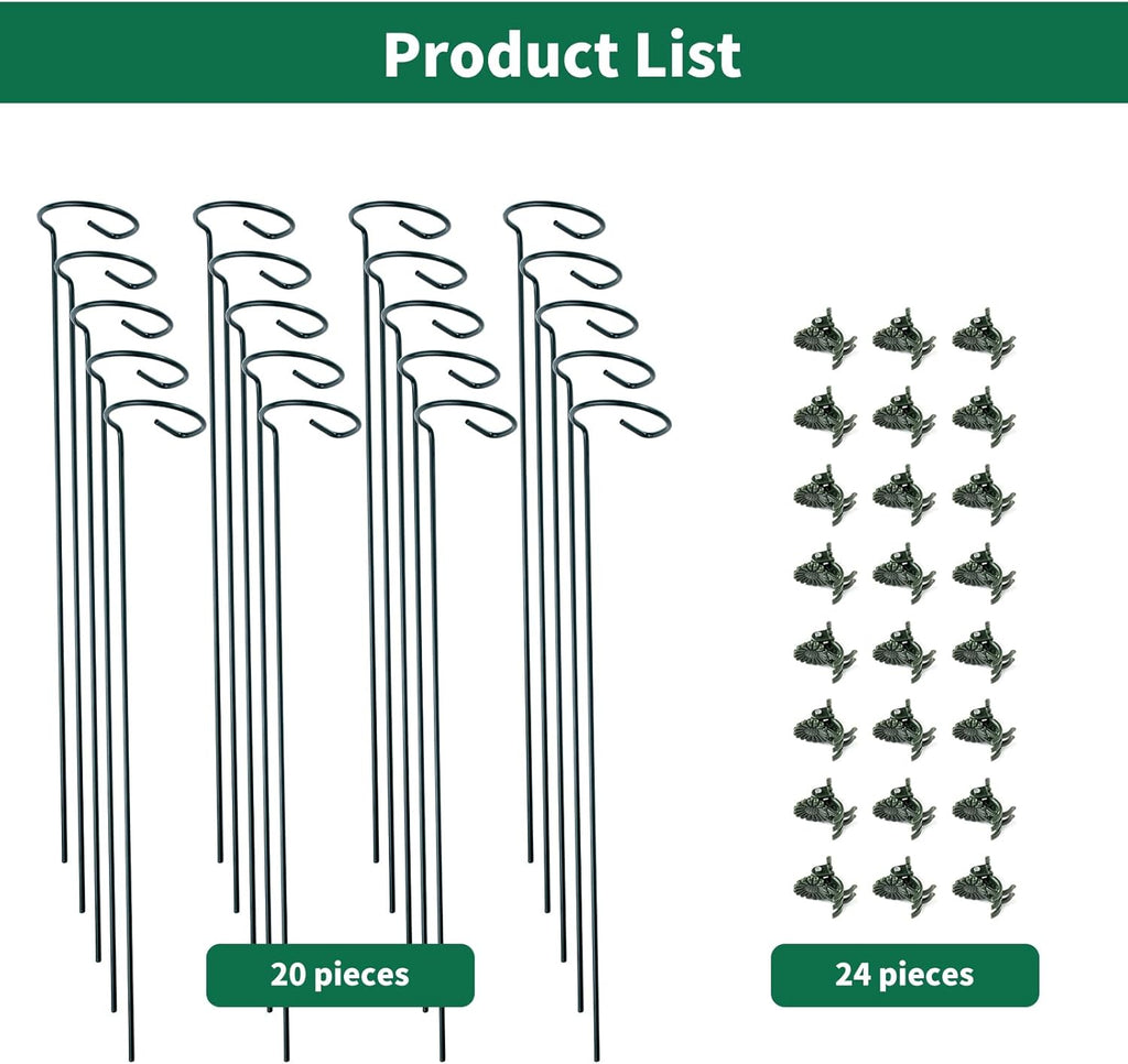 20 Pack Plant Support Stakes with 24 Pcs Plant Clips, Garden Single Stem Support Stake, Plant Cage Support Ring for Indoor Outdoor Flowers Rose Amaryllis Tomatoes Peony Lily Orchid (24 Inch)