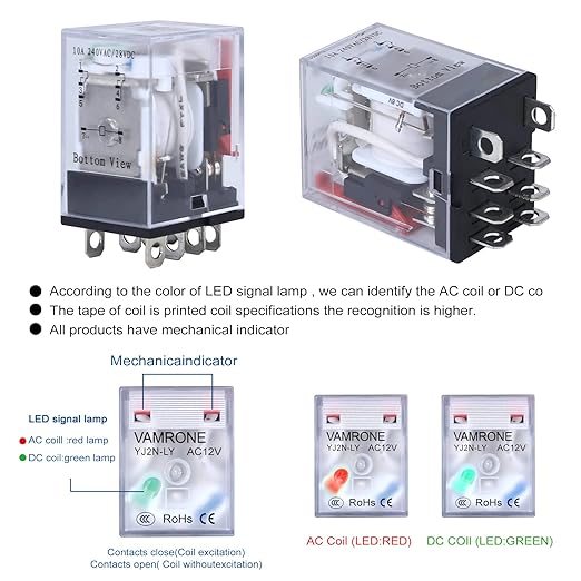 Electromagnetic Power Relay, 8-Pin 10 AMP 12V AC Relay Coil with Socket Base, LED Indicator, DPDT 2NO 2NC - MY2NJ [Applicable for DIN Rail System]