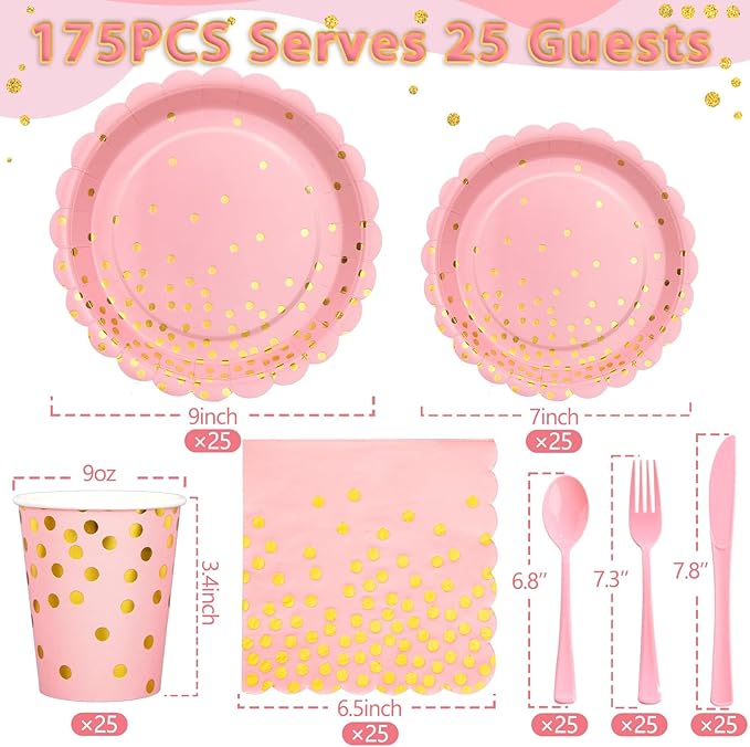 175 Pink Rose Gold Plates Napkins Party Decorations, Pink and Gold Disposable Party Supplies, Plastic Forks Knives Spoons Rose, Golden Dot Paper 9 Inch for Baby Shower Birthday, Severs 25