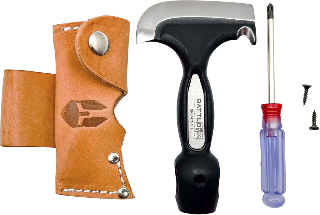 BATTLBOX Skachet Axe Head Skinner Hammer Hatchet Vintage Survival Tool - 3.5in Carbon Steel Blade Edge - Genuine Leather Sheath, Belt Loop - Bushcraft Outdoor Survival Ax Skatchet