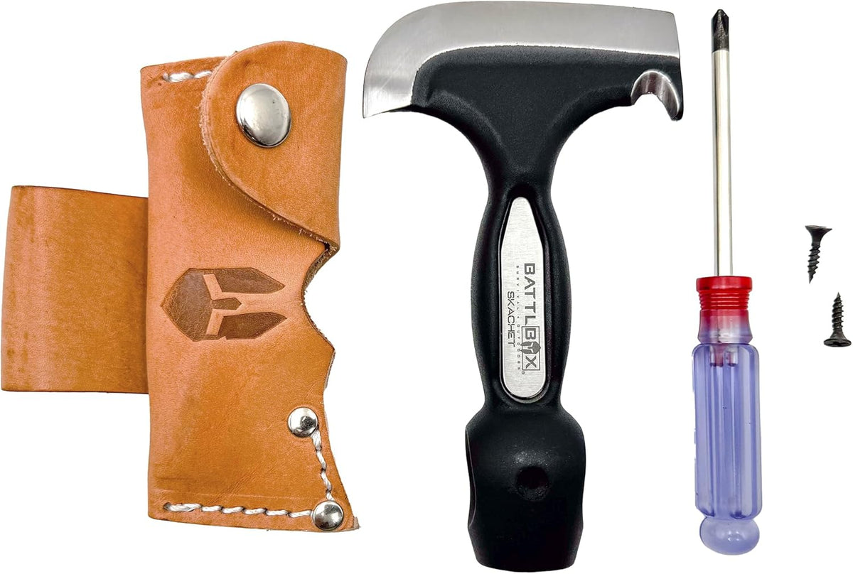 BATTLBOX Skachet Axe Head Skinner Hammer Hatchet Vintage Survival Tool - 3.5in Carbon Steel Blade Edge - Genuine Leather Sheath, Belt Loop - Bushcraft Outdoor Survival Ax Skatchet