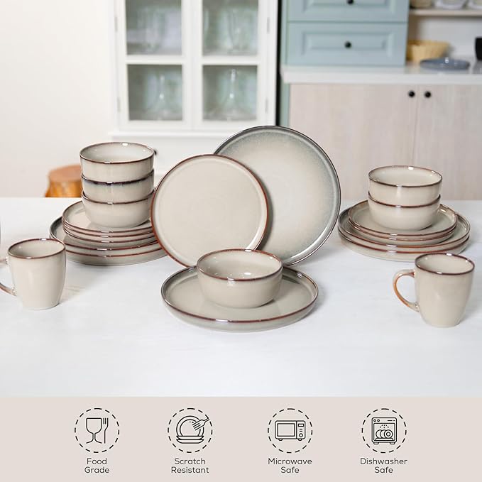 Romswi Ceramic 18Pcs Dinnerware Sets,Stoneware Plates and Bowls Set for 6, Chip & Scratch Resistant Dish Set, Handmade Reactive Glaze Plate Set, Oven, Microwave & Dishwasher Safe,Wheat Green