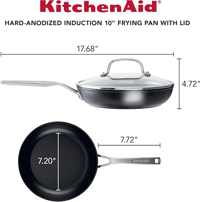 KitchenAid Hard Anodized Induction Nonstick Frying Pan Set With Tempered Lids, 4-Piece - 10 & 12 Inch – Durable, Even Heating, Oven Safe to 500°F, Dishwasher Safe, Easy-Clean