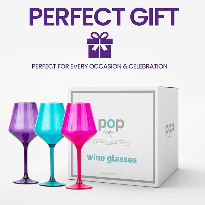 Unbreakable Stemmed Wine Glasses – Colored Wine Glasses Set of 6 Plastic Drinking Glasses Wine, Water – Acrylic Wine Gifts for Birthday Women Party, Stylish Glasses for Parties & Everyday (Jewel)