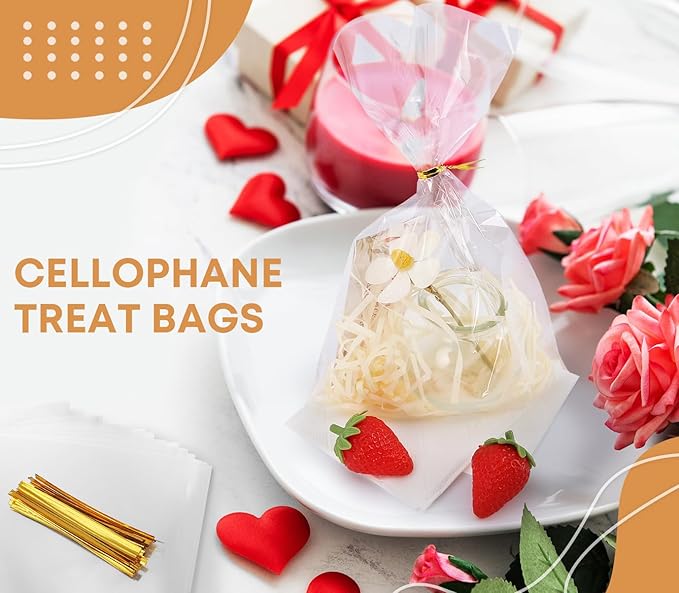 SUREHOME Cellophane Bags, 100 Pack Clear Gift Bag Cellophane Treat Bags with Ties 6x10 Inch Plastic Small Cello Candy Bag for Party Favors Easter Goodie Graduation Cookies Bakery Popcorn Wraps
