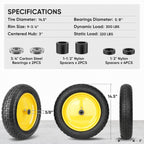 TICONN 4.80/4.00-8 Tire, 14.5" Flat Free Wheelbarrow Tire and Wheel, Solid Replacement Tires with 3" Centered Hub, 5/8" 3/4" Bearings, Universal Fit 4.80/4.00-8, 3.50/3.00-8, 4.00-6 (Yellow)