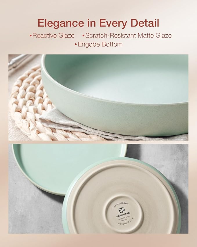 Famiware Milkyway Plates and Bowls Sets, 12 Pieces Dinnerware Sets, Reactive Glaze Dish Set, Stoneware Dishes Set for 4, Light Green