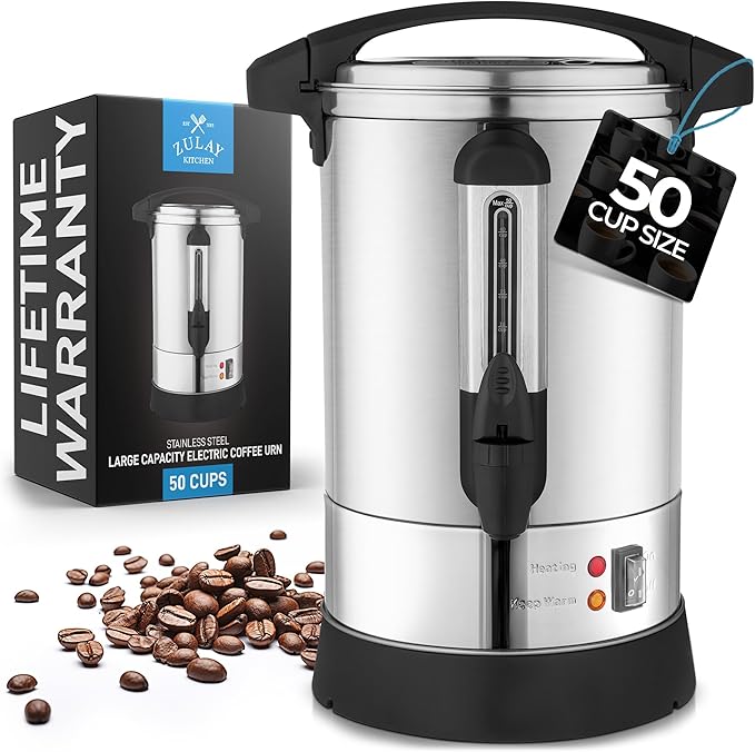 Zulay Commercial Coffee Maker Machine Urn - Large Percolator Pot Dispenser With Double-Wall Stainless Steel, Quick Brew, Stays Hot - Also for Water, Tea, Beverage at Events & Catering - 50 Cup Silver