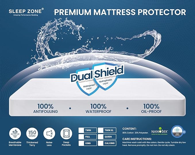 SLEEP ZONE Waterproof Mattress Protector Twin Size, Soft Breathable Cotton Terry Mattress Cover, Washable Noiseless Bed Cover Deep Pocket 8"-21", Twin