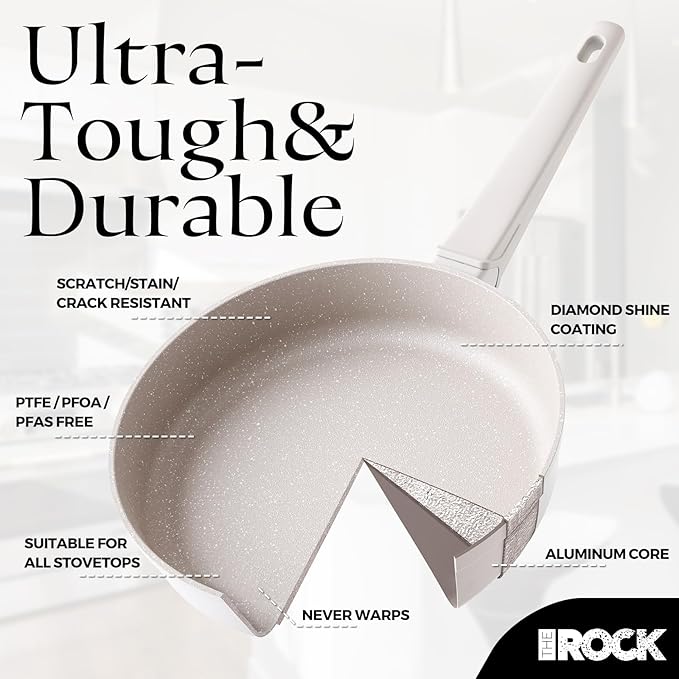 THE ROCK SOHO 11-Inch Non Stick Frying Pan with Lid–Nothing Sticks, Never Warps, Lasts Longer, Ceramic Non Toxic Skillet with Heat-Resistant Handle, PTFE PFOA&PFAS Free, Oven & Dishwasher Safe, Cream