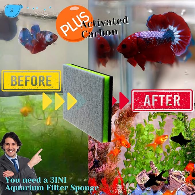 CORISRX 3IN1 Aquarium Filter Sponge Foam Pads - Filter Media for 20 Gallon Betta Fish Tank Supplies, Brine Shrimp Coarse Sponge Bio Filter Sheet - Filter Sponge Accessories (Plus Activated Carbon)