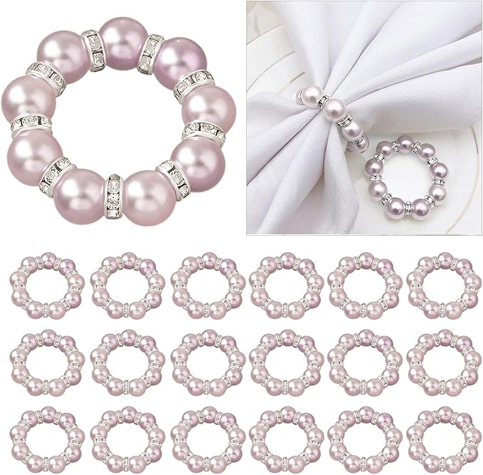 20Pcs Pearl Napkin Rings, Pink Beaded White Silver Round Buckles, Set of 6, Wedding and Formal Dinner Table Decor (20, Pink)