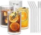INSETLAN 17oz Ribbed Glassware Set of 4, Glass Cups Large Vintage Glassware Set, Origami Style Cocktail Glasses, Ideal for Beer, Juice, Water, Ice Coffee Cup, Whiskey