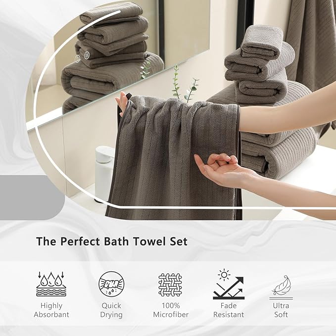18 Piece Bath Towels Set,Super Soft Family Bathroom Towel Set with Hanging Loops-6 Bath Towels,6 Hand Towels,6 Washcloths,Highly Absorbent Quick Dry Shower Towel for Bathroom,Hotel,Spa-Brown Towel Set