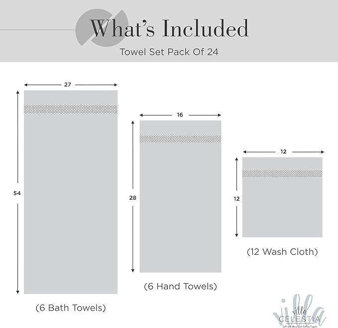 100% Cotton Bath Towel Set of 24-6 Bath Towels, 6 Hand Towels, 12 Wash Cloths, Sustainable, Soft, Highly Absorbent, Combed Cotton 24 Piece Set for Hotels, Spa, Bathroom, Dorm, Silver