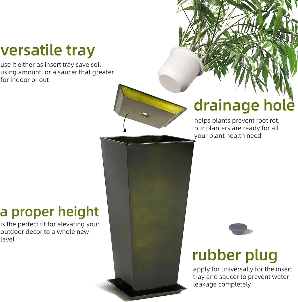KOL 28''H. Tall Metal Planter with Saucer, Galvanized Steel Glazed Planter Pots with Drainage Hole for Indoor & Outdoor Use, Set of 2, Decorative Flower Plant Pots for Front Porch, Patio, Deck - Green