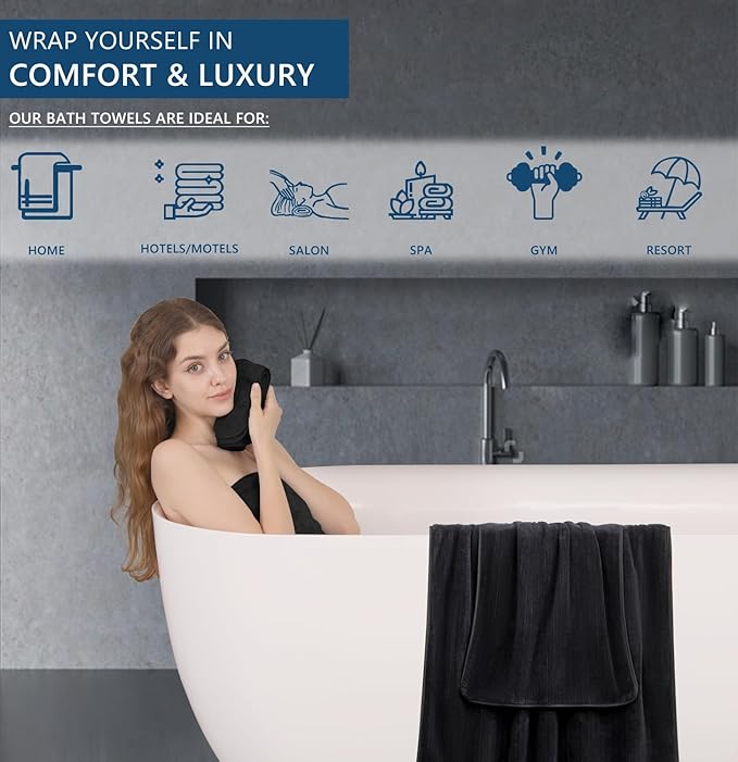 18 Piece Bath Towels Set,Super Soft Family Bathroom Towel Set with Hanging Loops-6 Bath Towels,6 Hand Towels,6 Washcloths,Highly Absorbent Quick Dry Shower Towel for Bathroom,Hotel,Spa-Black Towel Set