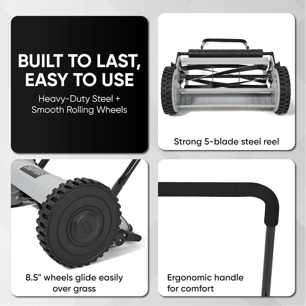 16" Push Reel Lawn Mower – Manual 5-Blade Hand Mower with Adjustable 3-Position Cutting Height (0.5"–1.75") – Lightweight, Eco-Friendly, Steel Blades – 2-Year Warranty