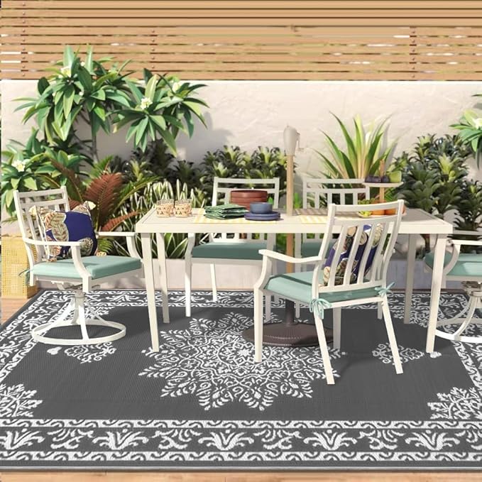 Yamaziot Outdoor Rug 6x9 Ft, Waterproof Plastic Straw Patio Rug, Reversible Backyard Carpet UV Resistant Portable RV Mat Clearance, Large Indoor Outdoor Rug for Patio, Porch, Deck, Balcony, Dark Gray