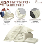 Pizuna 100% Cotton Full 3 Pc Duvet Cover + 1 Pc Fitted Sheet Set 400 Thread Count Off White Sateen Weave Luxurious Long Staple Cotton 4 Piece Bedding Set -1 Duvet Cover, 2 Pillow Shams, 1 Fitted Sheet