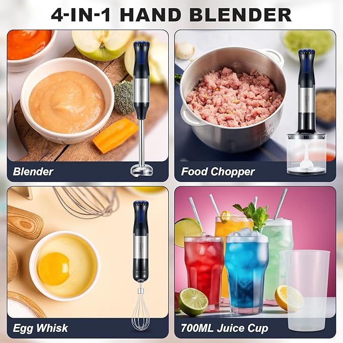 Immersion Blender, 5 Variable Speeds & Turbo, 4-In-1 Stainless Steel Handheld Blender Stick Mixer with Egg Whisk, Beaker & Chopper Bowl