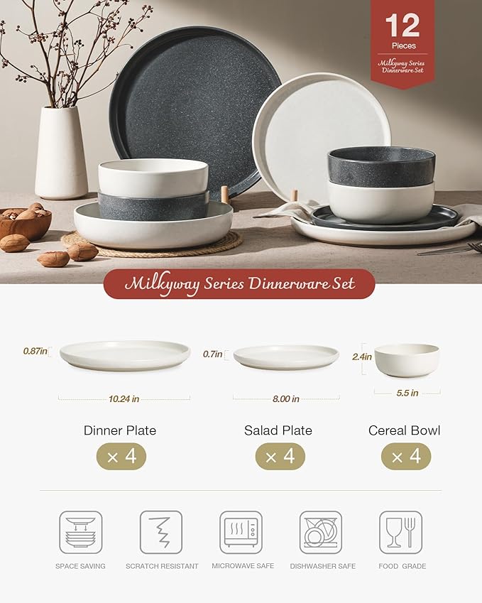 Famiware Milkyway Plates and Bowls Sets, 12 Pieces Dinnerware Sets, Reactive Glaze Dish Set, Stoneware Dishes Set for 4, Matte White & Matte Dark Charcoal