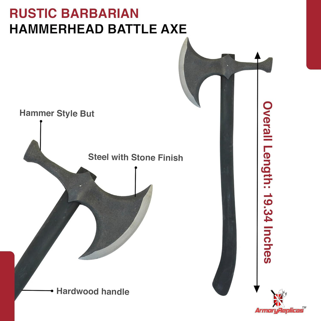Armory Replicas™ Rustic Barbarian Hammerhead Battle Axe – 22.5" Steel Blade with Stone Finish & Wooden Handle – Versatile Tool for Camping, Outdoor Tasks