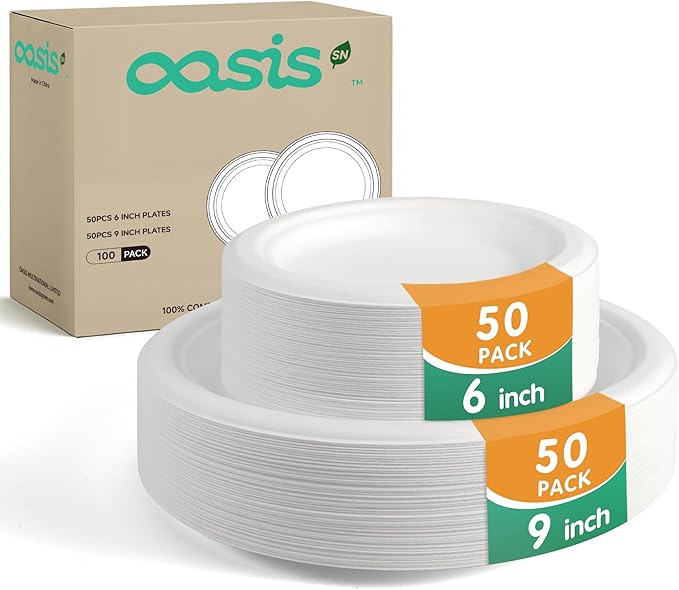 100-Pack Compostable Paper Plates Set – Includes 6" & 9" Heavy-Duty Sugarcane Plates (50 Each) – Eco-Friendly Disposable Plates for Meals, Snacks, and Parties-Natural (White)