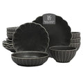 Gibson Elite Malibu Shore 16 Piece Scallop Stoneware Reactive Glaze (Service for 4) Ceramic Plates and Bowls Dinnerware Set - Black