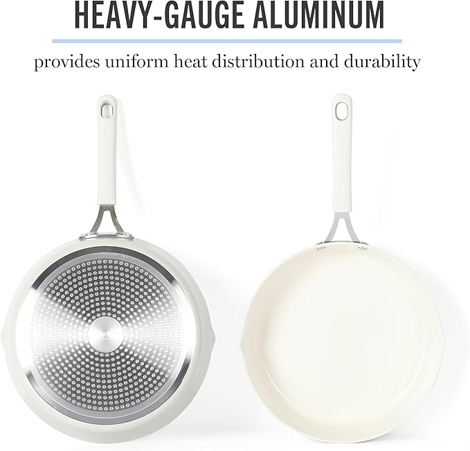 Martha Stewart Heathland 9.5 Inch Aluminum Cookware Non-Toxic Premium Ceramic Non Stick Frying Pan, Kitchen Egg Pan, Omelet, Pots and Pans, Linen White, Induction Safe