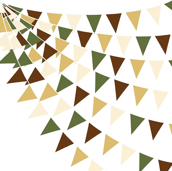 32Ft Woodland Party Decorations Olive Green Tan Brown Cream Neutral Triangle Flag Fabric Banner Pennant Bunting Garland Streamers for Birthday Wedding Baby Shower Jungle Safari Camping Party Decor