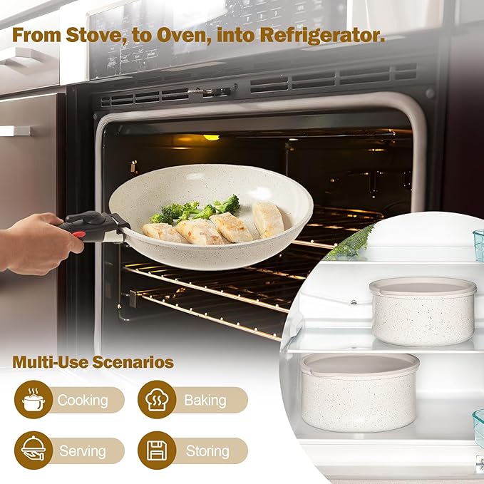 17pcs Pots and Pans Set Non Stick from France, Ceramic Cookware Set with Removable Handle, Induction RV Kitchen Cookware Set, Stackable, PFOA and PFAS Free, Oven Safe