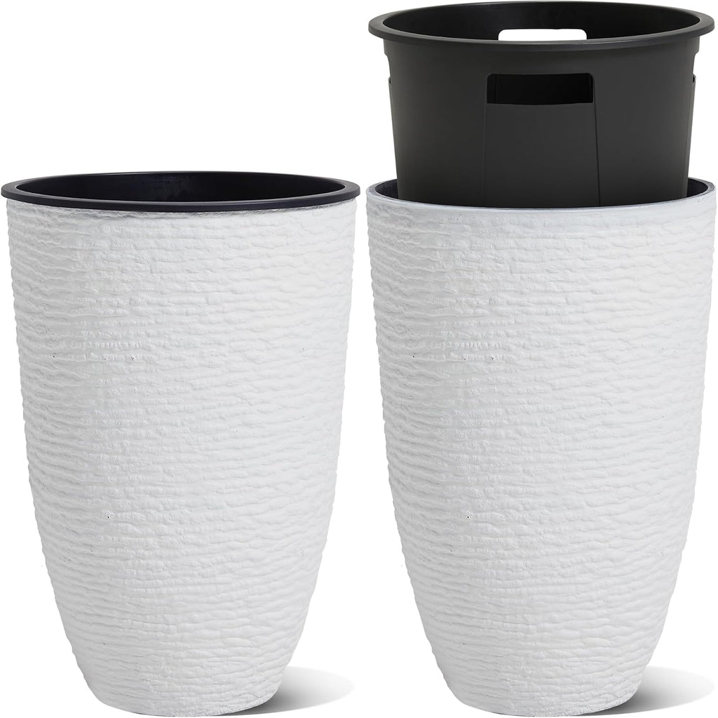 WORTH Garden 2-Pack 21" H. White Tall Planters with Inside Pots - 14'' Dia Plastic Large Round Plant Tree Pots - Decorative Imitation Stone Finish for Indoor Outdoor Front Porch Container Patio