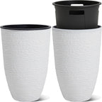 WORTH Garden 2-Pack 21" H. White Tall Planters with Inside Pots - 14'' Dia Plastic Large Round Plant Tree Pots - Decorative Imitation Stone Finish for Indoor Outdoor Front Porch Container Patio