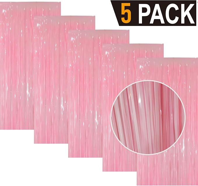 GOER 3.2 ft x 8.2 ft Metallic Tinsel Foil Fringe Curtains Party Photo Backdrop Party Streamers for Birthday,Graduation,New Year Eve Decorations Wedding Decor(5 Packs,Candy Pink)