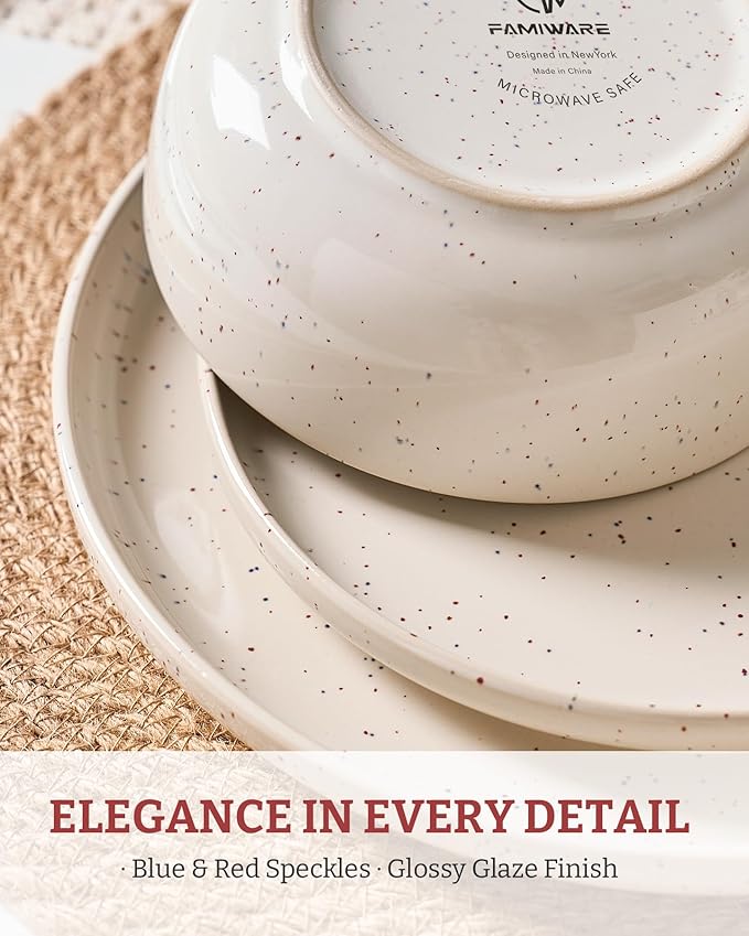 Famiware Meteor Plates and Bowls Sets for 4, 12 Pieces Dinnerware Sets, Microwave and Dishwasher Safe Dishes Set, Creamy White