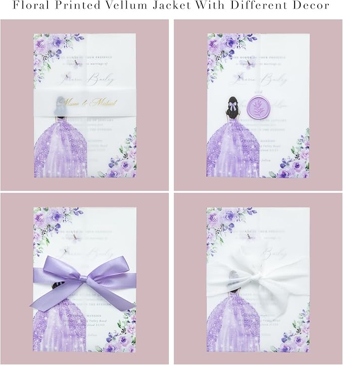 PONATIA 50 PCS Vellum Jackets for 5x7 Invitations - Vellum Paper 5x7 Jackets - 135GSM Purple Girl Flowers Quinceanera Invitation Transparent Wraps (Purple Girl)