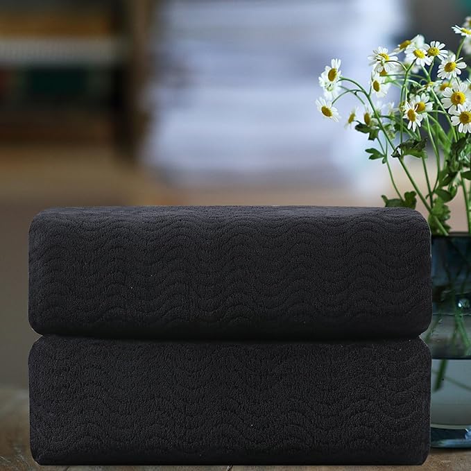 Ultra Soft 2 Piece Textured Hand Towel Set for Bathroom Shower Pool and Kitchen, Quick Dry, Highly Absorbent - Black