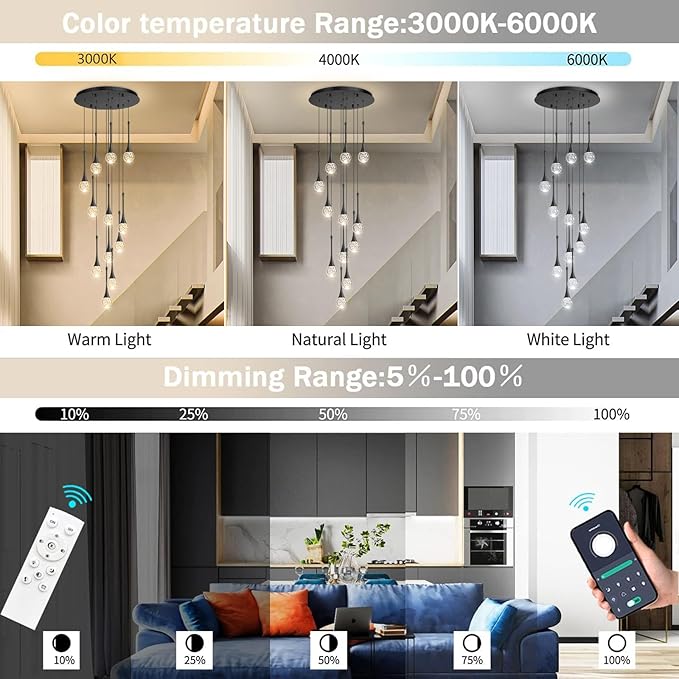 118 inches Modern Glam Crystal Chandelier for High Ceiling LED Dimmable Ceiling Pendant Light Staircase Foyer Enterway Living Room Chandelier Lighting Black 12 Lights