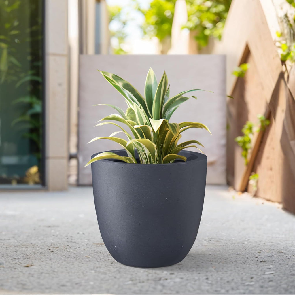 Kante 14 Inch Dia Round Concrete Planter, Indoor Outdoor Large Plant Pot with Drainage Hole and Rubber Plug for Home Patio Garden, Dark Gray