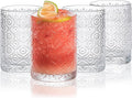 Glass Cups Vintage Glassware Set of 4, Drinking Glasses 9oz, Embossed Pattern Style Transparent Cocktail Glasses Set, for Ice Coffee,Juice,Beer,Bar Beverages,Drinkware, Transparent (S)