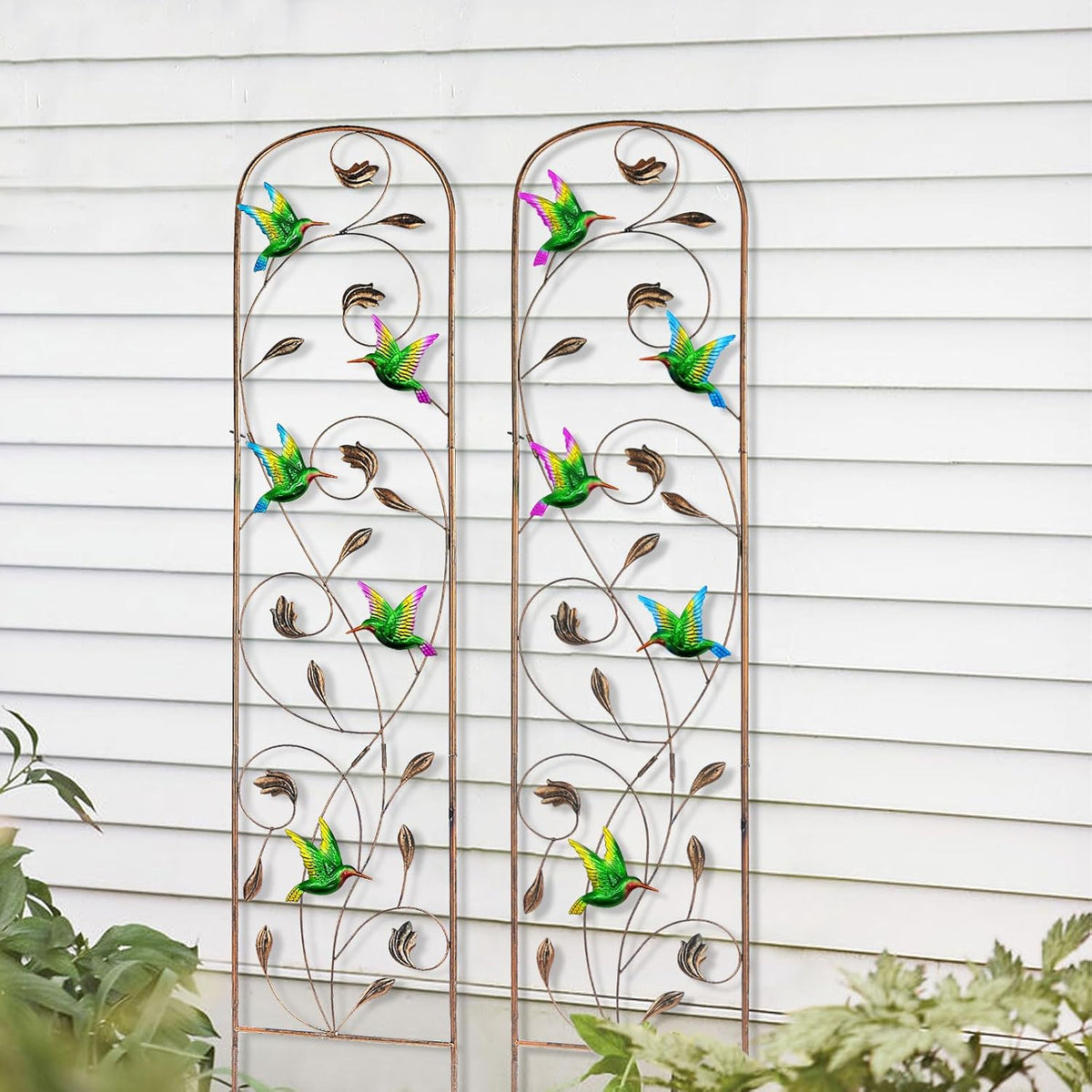 LEWIS&WAYNE 2 Pack Metal Garden Trellis with Colorful Hummingbird 60 Inch High Outdoor Decoration Arched Fence Trellis for Climbing Plants for Patio, Lawn, Yard, Backyard, Wall Brackets