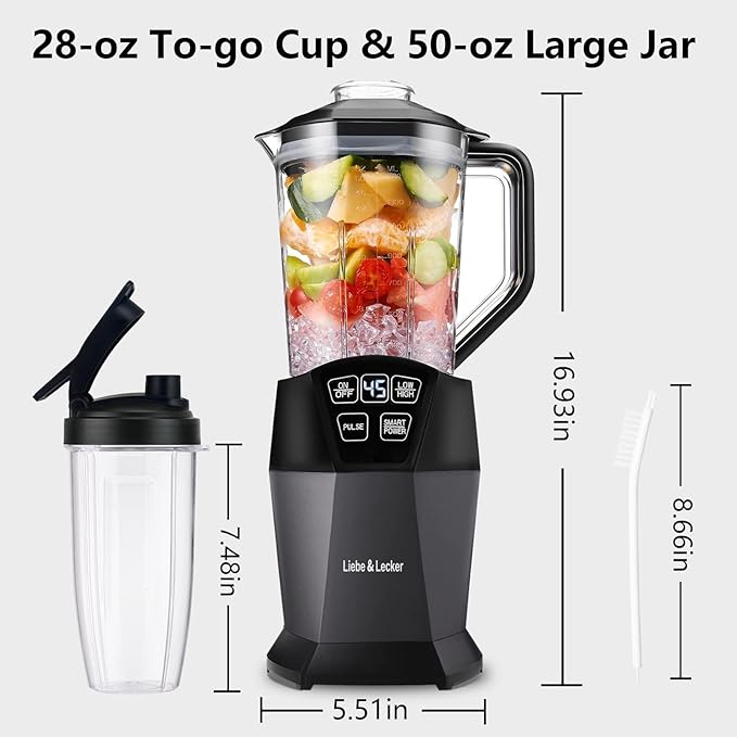 Liebe&Lecker Smoothie Blender with 1200W-Peak-Watts, Powerful Smoothie Maker Smart Technology Blended Frozen Fruit for Smoothies, with BPA Free 28-oz To-go Cup and 50-oz Jar