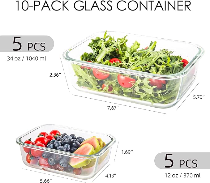10 Pack Glass Storage Containers For Food, Airtight Meal Prep Containers with Lids Leak-proof, Glass Lunch Boxes Microwave, Freezer & Dishwasher Safe (34oz & 12oz)