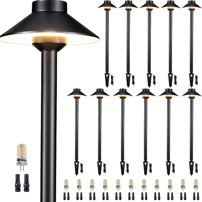 Low Voltage Landscape Path Light, Solid Brass Pathway Light IP65 Waterproof, Hat Shaped 12V Wired, Black LED for Walkway Garden with 3W 270LM 5000K Daylight G4 Bulb (12 Pack)